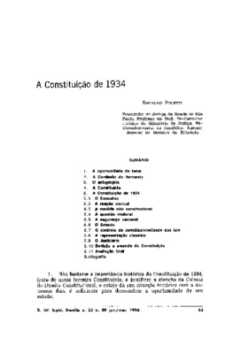 <BR>Data: 01/1986<BR>Fonte: Revista de Informação Legislativa, v. 23, n. 89, p. 63-102, jan./mar. 1986<BR>Conteúdo: A oportunidade do tema -- A Comissão do Itamaraty -- O anteprojeto -- A Constituinte -- A Constituição de 1934<BR>Parte de: ->Revista de in