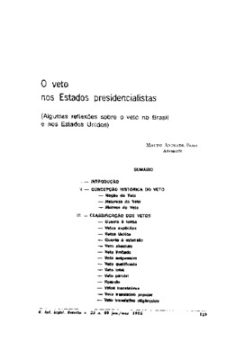 <BR>Data: 01/1986<BR>Fonte: Revista de Informação Legislativa, v. 23, n. 89, p. 139-168, jan./mar. 1986<BR>Conteúdo: Introdução -- Concepção histórica do veto -- Classificação dos vetos -- O veto na Constituição americana -- Conclusão<BR>Parte de: ->Revis