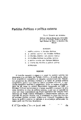 <BR>Data: 07/1986<BR>Fonte: Revista de informação legislativa, v. 23, n. 91, p. 173-216, jul./set. 1986 | Política & estratégia, v. 4, n. 3, p. 415-450, jul./set. 1986<BR>Conteúdo: Política externa e Partidos Políticos -- A -política externa- dos Part