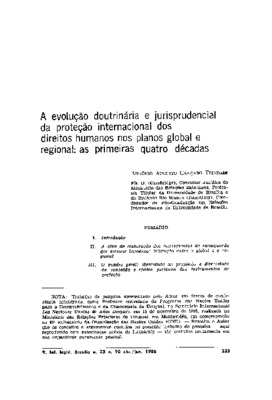 <BR>Data: 04/1986<BR>Fonte: Revista de Informação Legislativa, v. 23, n. 90, p. 233-288, abr./jun. 1986<BR>Conteúdo: Introdução -- A obra de elaboração dos instrumentos de salvaguarda dos direitos humanos: interação entre o global e o regional -- O quadro