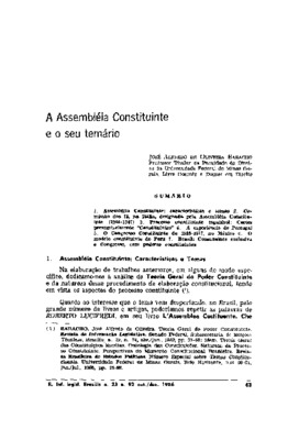 <BR>Data: 10/1986<BR>Fonte: Revista de informação legislativa, v. 23, n. 92, p. 63-146, out./dez. 1986<BR>Conteúdo: Assembleia Constituinte: características e temas -- A Comissão dos 75, na Itália, designada pela Assembleia Constituinte -- Processo consti