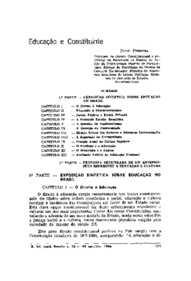 <BR>Data: 10/1986<BR>Fonte: Revista de informação legislativa, v. 23, n. 92, p. 171-194, out./dez. 1986<BR>Conteúdo: 1ª Parte: Exposição sintética sobre educação no Brasil -- 2ª Parte: Proposta articulada de um anteprojeto referente à educação e cultura<B