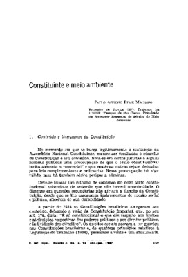 <BR>Data: 04/1987<BR>Fonte: Revista de informação legislativa, v. 24, n. 94, p. 159-168, abr./jun. 1987<BR>Conteúdo: Conteúdo e linguagem da Constituição -- Nova Constituição e ambiente -- Direito de participação social -- Defesa judicial dos interesses e