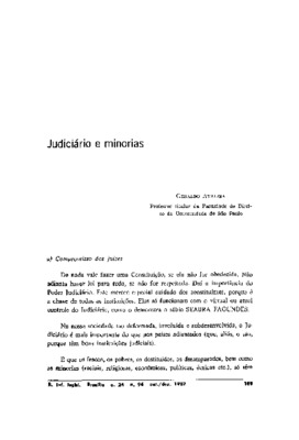 <BR>Data: 10/1987<BR>Fonte: Revista de informação legislativa, v. 24, n. 96, p. 189-194, out./dez. 1987<BR>Conteúdo: Compromisso dos juízes -- O problema das minorias. Oposição institucional -- Experiência brasileira e momento constituinte<BR>Parte de: ->