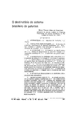 <BR>Data: 04/1988<BR>Fonte: Revista de informação legislativa, v. 25, n. 98, p. 287-332, abr./jun. 1988<BR>Conteúdo: Introdução -- Conceitos preliminares -- O inventor -- O inventor e o sistema de patentes -- O inventor brasileiro e o sistema brasileiro d