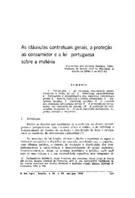 <BR>Data: 04/1988<BR>Fonte: Revista de informação legislativa, v. 25, n. 98, p. 235-256, abr./jun. 1988<BR>Conteúdo: Introdução -- As cláusulas contratuais gerais: conceito e razão de ser -- Principais características -- Vantagens e desvantagens das cláus