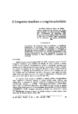 <BR>Data: 10/1988<BR>Fonte: Revista de Informação Legislativa, v. 25, n. 100, p. 67-84, out./dez. 1988<BR>Conteúdo: Introdução -- Um Congresso para os militares: a função de legitimação -- O legislador como lobbista: uma distorção da função de representaç