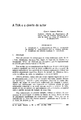 <BR>Data: 10/1988<BR>Fonte: Revista de informação legislativa, v. 25, n. 100, p. 347-350, out./dez. 1988<BR>Conteúdo: Introdução -- O mecanismo da TVA -- A inserção no sistema -- Interferência com os direitos autorais -- Incidência dos direitos autorais -