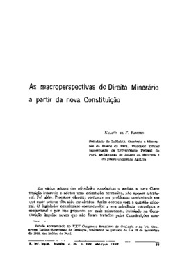 <BR>Data: 04/1989<BR>Fonte: Revista de Informação Legislativa, v. 26, n. 102, p. 69-76, abr./jun. 1989<BR>Conteúdo: A perspectiva nacionalista -- A perspectiva estadualizante -- A perspectiva socializante -- A perspectiva ambientalista<BR>Parte de: -h