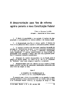 <BR>Data: 07/1989<BR>Fonte: Revista de informação legislativa, v. 26, n. 103, p. 73-94, jul./set. 1989 | Revista forense, v. 85, n. 305, p. 29-39, jan./mar. 1989 | Vox legis, v. 21, n. 7, p. 1-24, jul/set. 1989<BR>Conteúdo: Direito de propriedade e o inst