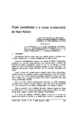 <BR>Data: 01/1990<BR>Fonte: Revista de Informação Legislativa, v. 27, n. 105, p. 109-128, jan./mar. 1990<BR>Conteúdo: Introdução -- O poder constituinte (fundamentos) -- A amplitude de poder constituinte -- A natureza do poder constituinte -- A titularida