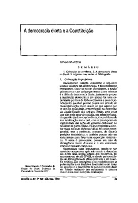 <BR>Data: 10/1993<BR>Fonte: Revista de informação legislativa, v. 30, n. 120, p. 83-88, out./dez. 1993 | Revista da faculdade de direito / Universidade Federal do Ceará, v. 33, n. 1, p. 189-195 1992/1993<BR>Conteúdo: Colocação do problema -- A democracia 