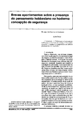 <BR>Data: 04/1994<BR>Fonte: Revista de informação legislativa, v. 31, n. 122, p. 155-168, abr./jun. 1994<BR>Conteúdo: Introdução -- Preliminares ao pensamento hobbesiano -- O Estado de natureza -- Do contrato social -- Hobbes e a compreensão dos direitos 