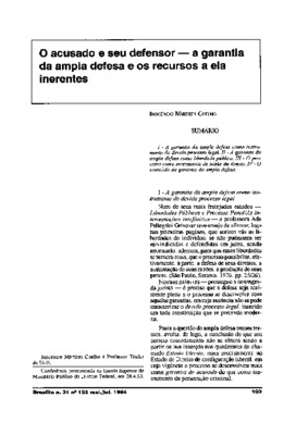 <BR>Data: 04/1994<BR>Fonte: Arquivos do Ministério da Justiça, v. 47, n. 183, p. 25-37, jan./jun. 1994 | Revista de informação legislativa, v. 31, n. 122, p. 103-110, abr./jun. 1994<BR>Conteúdo: A garantia da ampla defesa como instrumento do devido proces