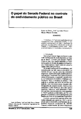 <BR>Data: 07/1994<BR>Fonte: Revista de informação legislativa, v. 31, n. 123, p. 129-148, jul./set. 1994<BR>Conteúdo: Introdução -- Controle do endividamento nas Constituições e leis : perspectiva histórica -- Dispositivos constitucionais de 1988 -- Avali