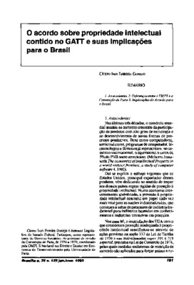 <BR>Data: 01/1995<BR>Fonte: Revista de informação legislativa, v. 32, n. 125, p. 181-184, jan./mar. 1995<BR>Conteúdo: Antecedentes -- Diferenças entre os TRIPS e a Convenção de Paris -- Implicações do Acordo para o Brasil<BR>Parte de: ->Revista de informa