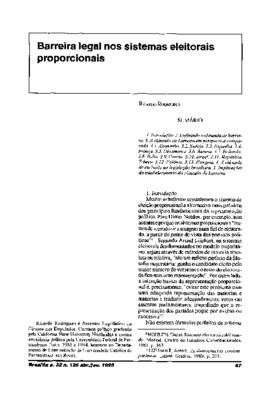 <BR>Data: 04/1995<BR>Fonte: Revista de informação legislativa, v. 32, n. 126, p. 47-55, abr./jun. 1995<BR>Conteúdo: Introdução -- Definindo a cláusula de barreira -- A cláusula de barreira em perspectiva comparada -- A cláusula de exclusão na legislação b