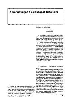 <BR>Data: 07/1995<BR>Fonte: Revista de informação legislativa, v. 32, n. 127, p. 29-42, jul./set. 1995<BR>Conteúdo: Introdução : educação e os direitos sociais -- O regime jurídico da educação -- A educação no ordenamento constitucional -- Conclusão : edu