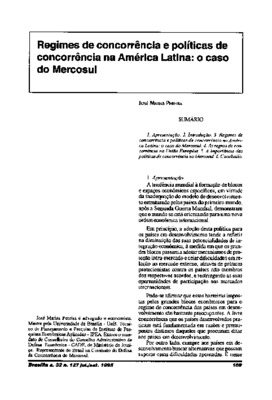 <BR>Data: 07/1995<BR>Fonte: Revista de informação legislativa, v. 32, n. 127, p. 169-176, jul./set. 1995<BR>Conteúdo: Apresentação -- Introdução -- Regimes de concorrência e políticas de concorrência na América Latina : o caso do Mercosul -- As regras de 