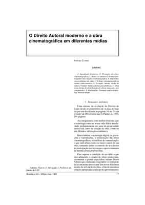 <BR>Data: 01/1996<BR>Fonte: Revista de informação legislativa, v. 33, n. 129, p. 17-23, jan./mar. 1996 | ADV Advocacia dinâmica : seleções jurídicas, n. 7, p. 10-22, jul. 1996<BR>Conteúdo: Apanhado histórico -- Proteção da obra cinematográfica -- Autor, c