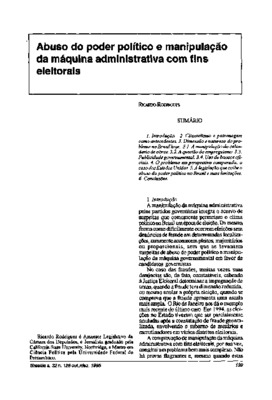 <BR>Data: 10/1995<BR>Fonte: Revista de informação legislativa, v. 32, n. 128, p. 139-148, out./dez. 1995<BR>Conteúdo: Introdução -- Clientelismo e patronagem como antecedentes -- Dimensão e natureza do problema no Brasil hoje -- O problema em perspectiva 