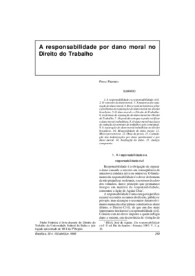 <BR>Data: 04/1996<BR>Fonte: Revista de informação legislativa, v. 33, n. 130, p. 253-265, abr./jun. 1996<BR>Conteúdo: A responsabilidade e a responsabilidade civil -- O conceito de dano moral -- A natureza da reparação do dano moral -- Breve notícia histó