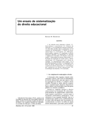 <BR>Data: 07/1996<BR>Fonte: Revista de informação legislativa, v. 33, n. 131, p. 31-57, jul./set. 1996<BR>Conteúdo: As relações entre educação e direito -- Noção de direito educacional -- Antecedentes do direito educacional<BR>Parte de: -www2.s