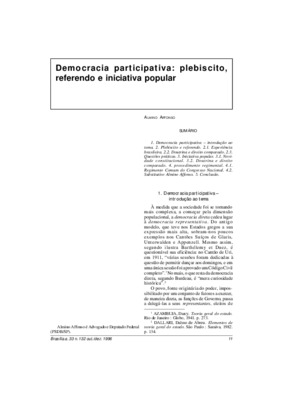 <BR>Data: 10/1996<BR>Fonte: Revista de informação legislativa, v. 33, n. 132, p. 11-27, out./dez. 1996 | Revista da Procuradoria Geral da República, n. 9, p. 11-30, jul./dez. 1996<BR>Conteúdo: Democracia participativa: introdução ao tema -- Plebiscito e r