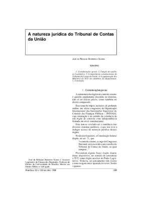 <BR>Data: 10/1996<BR>Fonte: Revista de informação legislativa, v. 33, n. 132, p. 259-262, out./dez. 1996<BR>Conteúdo: Considerações gerais -- Função de auxílio ao Legislativo -- Competências constitucionais do Tribunal de Contas da União -- A equiparação 