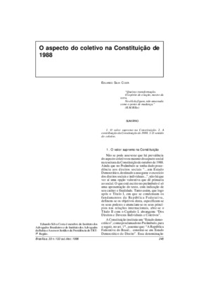 <BR>Data: 10/1996<BR>Fonte: Revista de informação legislativa, v. 33, n. 132, p. 245-251, out./dez. 1996 | Ciência jurídica, v. 12, n. 77, p. 305-313, set./out. 1997<BR>Conteúdo: O valor supremo na Constituição -- A contribuição da Constituição de 1988 --