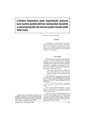 <BR>Data: 10/1996<BR>Fonte: Revista de informação legislativa, v. 33, n. 132, p. 99-106, out./dez. 1996<BR>Conteúdo: Introdução -- Limites impostos pela legislação brasileira de direitos autorais -- Restrições previstas nas legislações de alguns países es