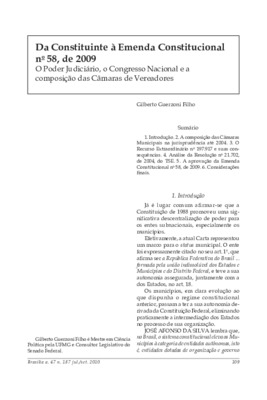 <BR>Data: 07/2010<BR>Fonte: Revista de informação legislativa, v. 47, n. 187, p. 109-124, jul./set. 2010<BR>Conteúdo: A composição das câmaras municipais na jurisprudência até 2004 -- O Recurso Extraordinário nº 97.917 e suas consequências -- Análise da R