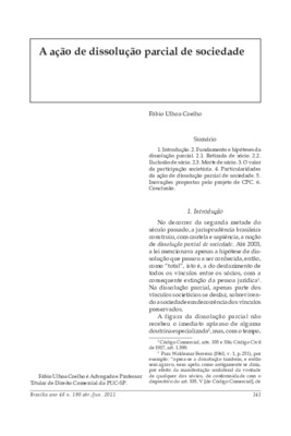 <BR>Data: 04/2011<BR>Fonte: Revista de informação legislativa, v. 48, n. 190 t.1, p. 141-155, abr./jun. 2011.<BR>Conteúdo: Retirada de sócio -- Exclusão de sócio -- Morte de sócio.<BR>Parte de: ->Revista de informação legislativa : v. 48, n. 190 (abr./jun