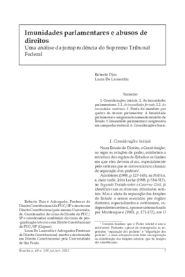 <BR>Data: 07/2012<BR>Fonte: Revista de informação legislativa, v. 49, n. 195, p. 7-24, jul./set. 2012.<BR>Conteúdo: As imunidades formais -- As imunidades materiais -- Imunidade parlamentar e congressista nomeado ministro de Estado -- Imunidade parlamenta