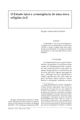 <BR>Data: 07/2012<BR>Fonte: Revista de informação legislativa, v. 49, n. 195, p. 65-76, jul./set. 2012.<BR>Conteúdo: Do Ethnos à Constituição -- Nação e religião como fortes significadores de identidade -- O projeto inacabado da laicidade.<BR>Parte de: ->