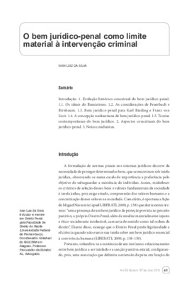 <BR>Data: 01/2013<BR>Fonte: Revista de informação legislativa, v. 50, n. 197, p. 65-74, jan./mar. 2013.<BR>Conteúdo: As considerações de Feuerbach e Birnbaum -- Bem jurídico-penal para Karl Binding e Franz von Liszt -- Teorias contemporâneas do bem jurídi