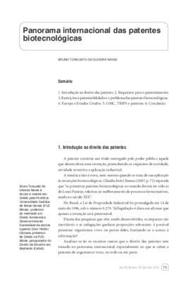 <BR>Data: 01/2013<BR>Fonte: Revista de informação legislativa, v. 50, n. 197, p. 75-83, jan./mar. 2013.<BR>Conteúdo: Requisitos para o patenteamento -- Restrições à patenteabilidade e o problema das patentes biotecnológicas.<BR>Parte de: ->Revista de info