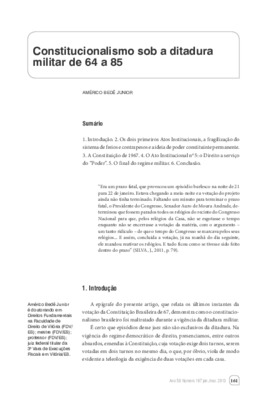 <BR>Data: 01/2013<BR>Fonte: Revista de informação legislativa, v. 50, n. 197, p. 161-174, jan./mar. 2013.<BR>Conteúdo: Os dois primeiros Atos Institucionais, a fragilização do sistema de freios e contrapesos e a idéia de poder constiuinte permanetne -- O 