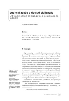 <BR>Data: 07/2013<BR>Fonte: Revista de informação legislativa, v. 50, n. 199, p. 25-33, jul./set. 2013.<BR>Conteúdo: A edição da legislação no Brasil -- Causas da judicialização -- Causas da desjudicialização.<BR>Parte de: ->Revista de informação legislat