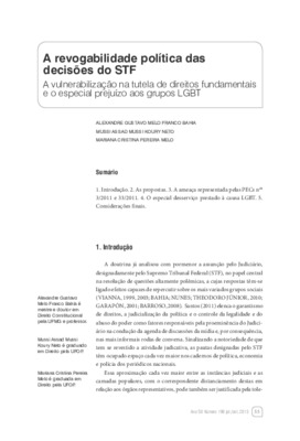 <BR>Data: 07/2013<BR>Fonte: Revista de informação legislativa, v. 50, n. 199, p. 55-75, jul./set. 2013.<BR>Conteúdo: A ameaça representada pelas PEC nº 3/2011 e 33/2011 -- O especial desserviço prestado à causa LGBT.<BR>Parte de: ->Revista de informação l