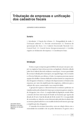 <BR>Data: 01/2014<BR>Fonte: Revista de informação legislativa, v. 51, n. 201, p. 299-308, jan./mar. 2014.<BR>Conteúdo: Função dos tributos -- Unificação cadastral -- Tentativas de aproximação dos fiscos -- Cadastro Sincronizado Nacional -- Central Fácil -