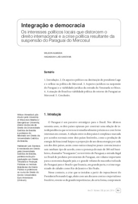 <BR>Data: 2014<BR>Fonte: Revista de Informação Legislativa, v. 51, n. 203, p. 91-110, jul./set. 2014.<BR>Conteúdo: Os aspectos políticos na destituição do presidente Lugo e o reflexo na política do Mercosul -- Aspectos jurídicos na suspensão do Paraguai e