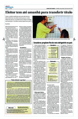 <BR>Data: 08/05/2012<BR>Fonte: Jornal do Senado, v. 10, n. 387, 8 maio 2012. Especial Cidadania<BR>Endereço para citar este documento: -www2.senado.leg.br/bdsf/item/id/242402->www2.senado.leg.br/bdsf/item/id/242402