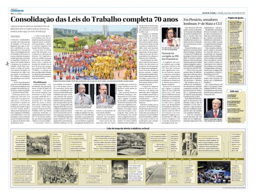 <BR>Data: 30/04/2013<BR>Fonte: Jornal do Senado, v. 10, n. 427, 30 abr. 2013. Especial Cidadania<BR>Conteúdo: Contém linha do tempo dos direitos trabalhistas no Brasil.<BR>Endereço para citar este documento: -www2.senado.leg.br/bdsf/item/id/488