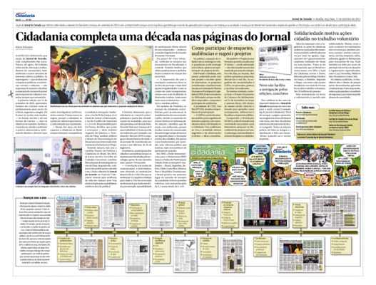 <BR>Data: 17/09/2013<BR>Fonte: Jornal do Senado, v. 11, n. 445, 17 set. 2013. Especial Cidadania<BR>Conteúdo: Avanços ano a ano -- Como participar de enquetes, audiências e sugerir projetos -- Novo site facilita a navegação pelas edições, com fotos -- Sol