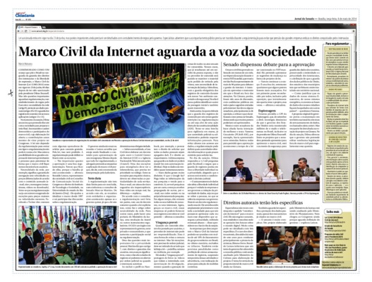 <BR>Data: 06/05/2014<BR>Fonte: Jornal do Senado, v.12, n. 470, 06 mai. 2014. Especial Cidadania<BR>Conteúdo: Senado dispensou debate para a aprovação -- Direitos autorais terão leis específicas<BR>Responsabilidade: Marcio Maturana<BR>Endereço para citar e