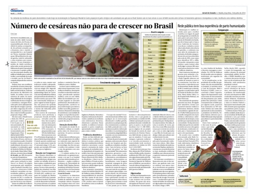 <BR>Data: 03/06/2014<BR>Fonte: Jornal do Senado, v.12, n. 474, 03 jun. 2014. Especial Cidadania<BR>Conteúdo: Crescimento exagerado -- Brasil é campeão -- Rede pública tem boa experiência de parto humanizado -- Comparação<BR>Responsabilidade: Cintia Sasse<