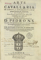 ANDRADE, António Galvão de, 1613?-1689<br/>Arte da cavallaria de gineta, e estardiota, bom primor de ferrar, & alveitaria : dividida em tres tratados... / composta por Antonio Galvam d Andrade.... - Lisboa : na Officina de Joam da Costa, 1678. - [16], 605 [i.é 607], [1] p., 21 grav. : il. ; 2º (30 cm)