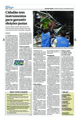 <BR>Data: 23/09/2014<BR>Fonte: Jornal do Senado, v.12, n. 486, 23 set. 2014. Especial Cidadania<BR>Conteúdo: Algumas restrições à propaganda -- Eleitores podem manifestar escolha nas redes sociais<BR>Responsabilidade: André Falcão<BR>Endereço para citar e