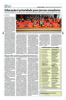 <BR>Data: 18/11/2014<BR>Fonte: Jornal do Senado, v.12, n. 494, 18 nov. 2014. Especial Cidadania<BR>Conteúdo: Edição 2014 confirma predomínio feminino -- Os finalistas deste ano e suas redações.<BR>Responsabilidade: Paulo Cezar Barreto<BR>Endereço para cit